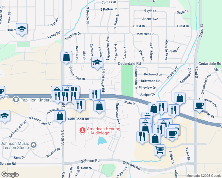 map of restaurants, bars, coffee shops, grocery stores, and more near 701 Golden Gate Circle in Papillion