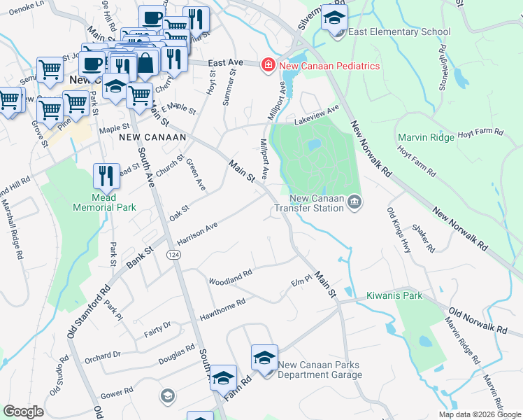 map of restaurants, bars, coffee shops, grocery stores, and more near 133 Harrison Avenue in New Canaan