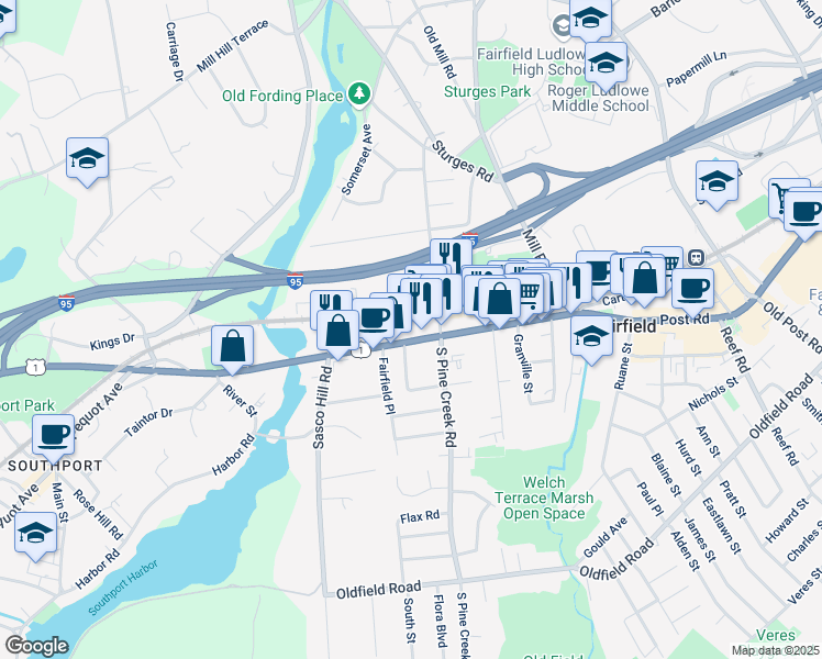 map of restaurants, bars, coffee shops, grocery stores, and more near 2120 Post Road in Fairfield