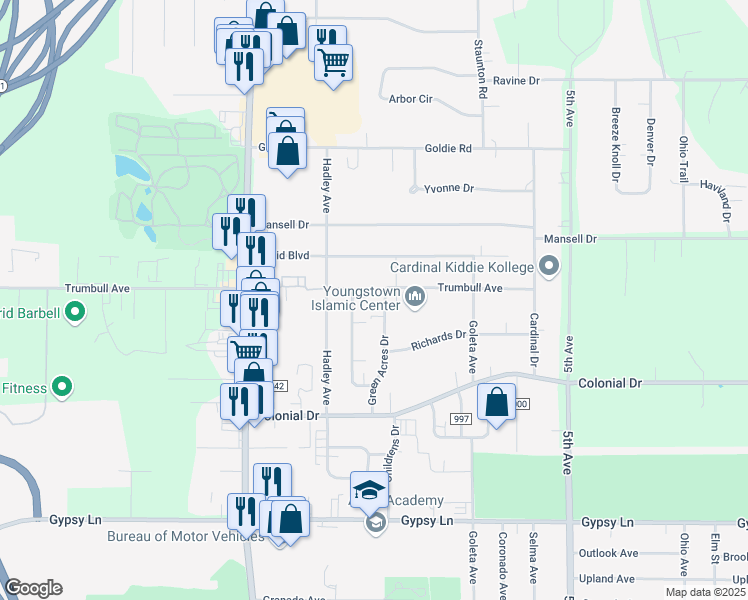 map of restaurants, bars, coffee shops, grocery stores, and more near 3038 Green Acres Drive in Youngstown