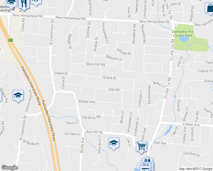 map of restaurants, bars, coffee shops, grocery stores, and more near 24 Oak Road in New City