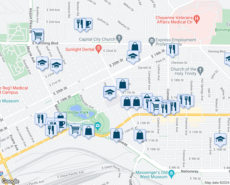 map of restaurants, bars, coffee shops, grocery stores, and more near 1622 East 17th Street in Cheyenne