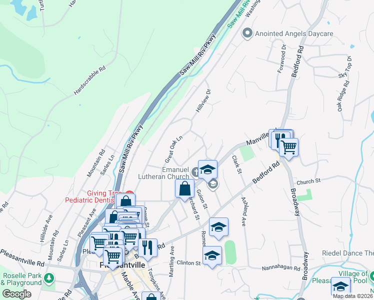 map of restaurants, bars, coffee shops, grocery stores, and more near 45 Eastview Avenue in Pleasantville