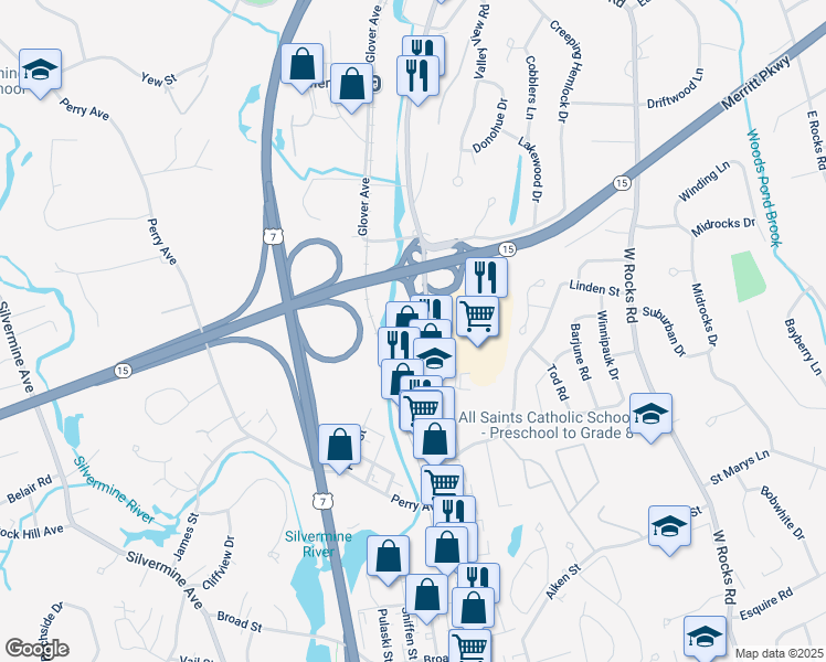 map of restaurants, bars, coffee shops, grocery stores, and more near 383 Main Avenue in Norwalk