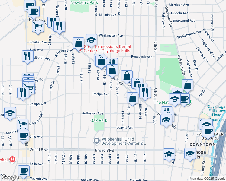 map of restaurants, bars, coffee shops, grocery stores, and more near 2410 11th Street in Cuyahoga Falls