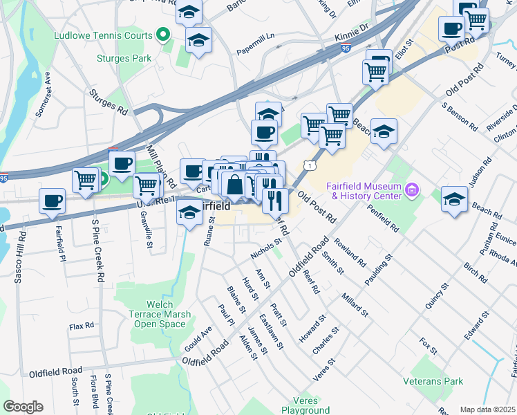 map of restaurants, bars, coffee shops, grocery stores, and more near 1499 Post Road in Fairfield