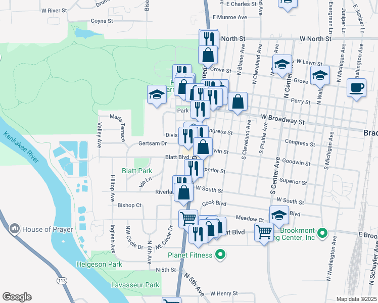 map of restaurants, bars, coffee shops, grocery stores, and more near 1111 Blatt Boulevard in Bradley