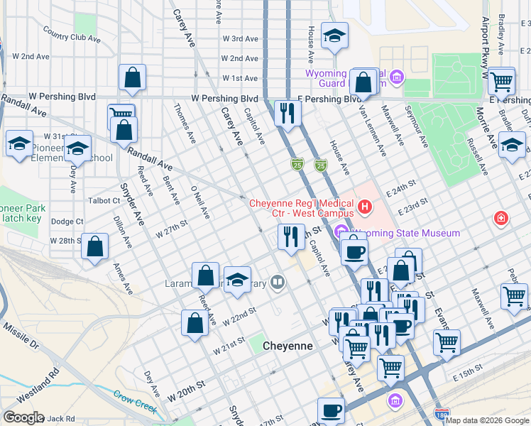 map of restaurants, bars, coffee shops, grocery stores, and more near 303 Randall Avenue in Cheyenne