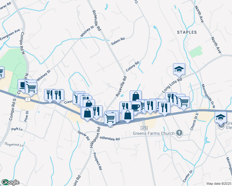 map of restaurants, bars, coffee shops, grocery stores, and more near 1 Marc Lane in Westport