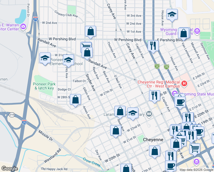 map of restaurants, bars, coffee shops, grocery stores, and more near 700 West 27th Street in Cheyenne