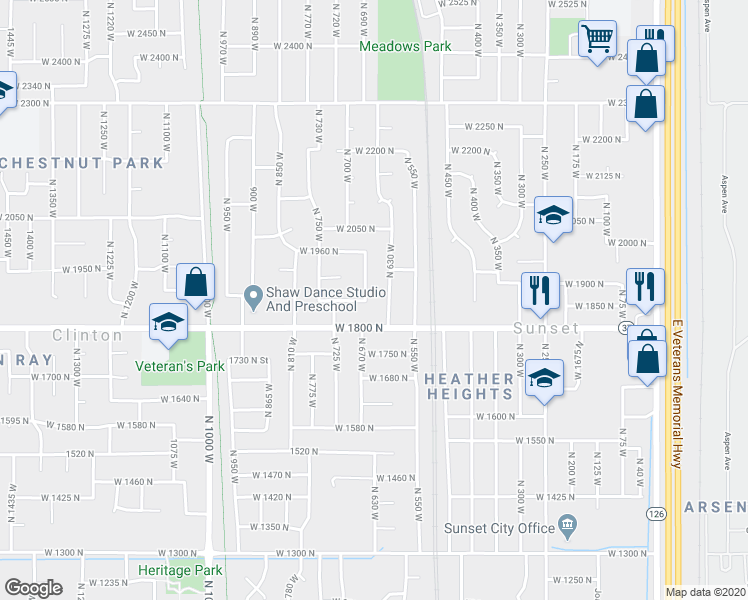 map of restaurants, bars, coffee shops, grocery stores, and more near 1843 North 630 West in Clinton