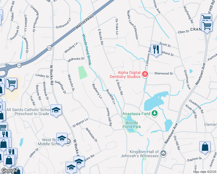 map of restaurants, bars, coffee shops, grocery stores, and more near 17 Brookhill Lane in Norwalk