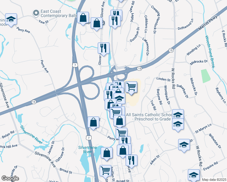 map of restaurants, bars, coffee shops, grocery stores, and more near 377 Main Avenue in Norwalk