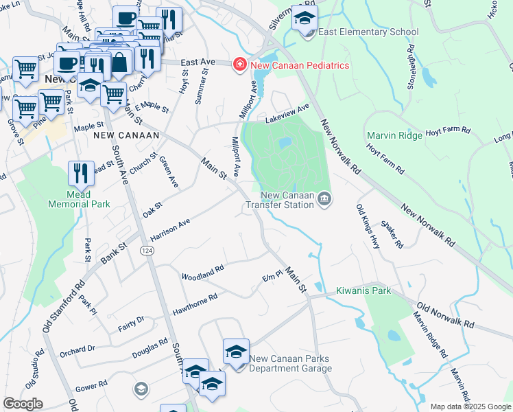 map of restaurants, bars, coffee shops, grocery stores, and more near 402 Main Street in New Canaan