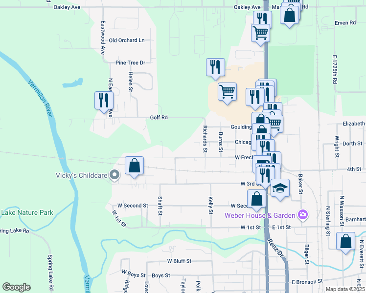 map of restaurants, bars, coffee shops, grocery stores, and more near 516 West Frech Street in Streator