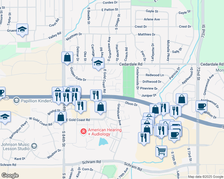 map of restaurants, bars, coffee shops, grocery stores, and more near 701 Golden Gate Circle in Papillion
