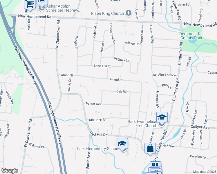 map of restaurants, bars, coffee shops, grocery stores, and more near 24 Oak Road in New City