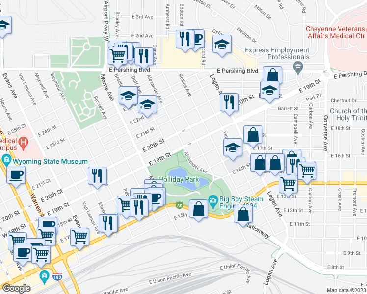 map of restaurants, bars, coffee shops, grocery stores, and more near East 19th Street in Cheyenne