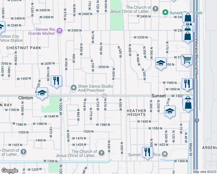 map of restaurants, bars, coffee shops, grocery stores, and more near 1843 North 630 West in Clinton