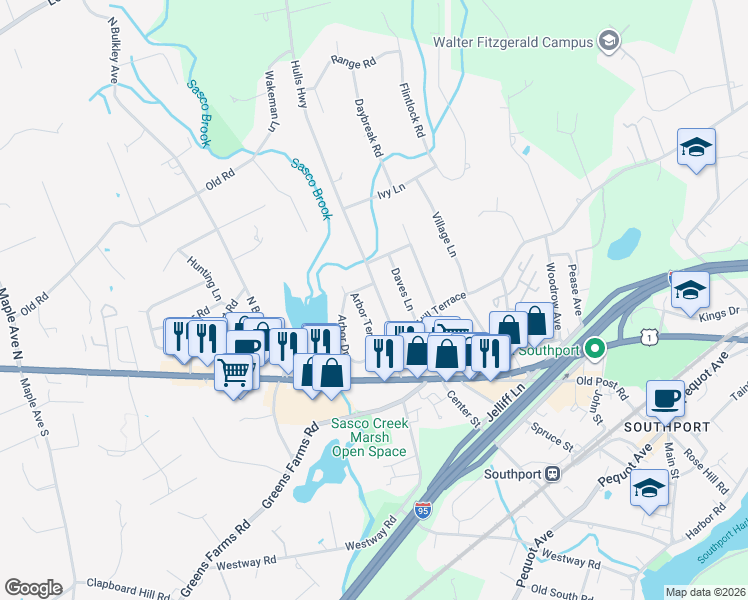 map of restaurants, bars, coffee shops, grocery stores, and more near 169 Hulls Highway in Fairfield