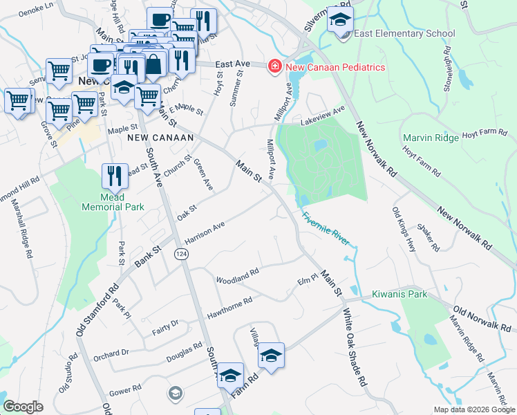 map of restaurants, bars, coffee shops, grocery stores, and more near 133 Harrison Avenue in New Canaan