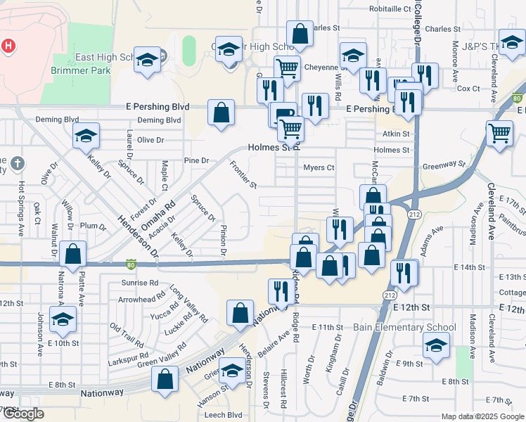 map of restaurants, bars, coffee shops, grocery stores, and more near 3207 Randy Road in Cheyenne