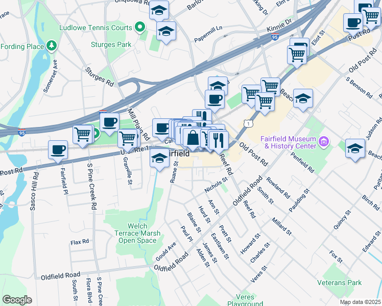 map of restaurants, bars, coffee shops, grocery stores, and more near 1601 Post Road in Fairfield