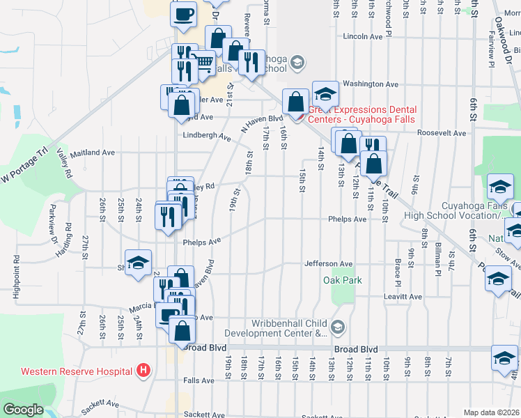 map of restaurants, bars, coffee shops, grocery stores, and more near 2413 18th Street in Cuyahoga Falls