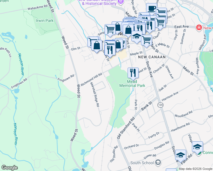 map of restaurants, bars, coffee shops, grocery stores, and more near 58 Sunrise Avenue in New Canaan