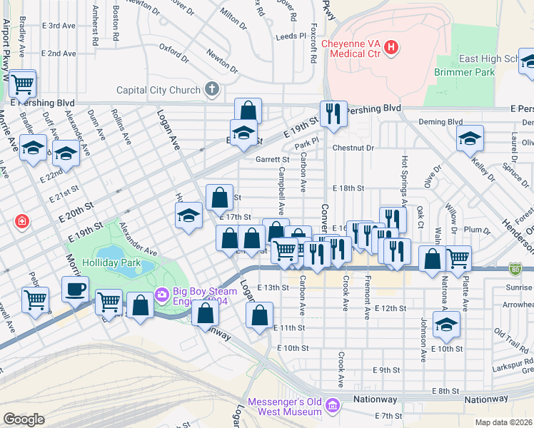 map of restaurants, bars, coffee shops, grocery stores, and more near 1610 Campbell Avenue in Cheyenne