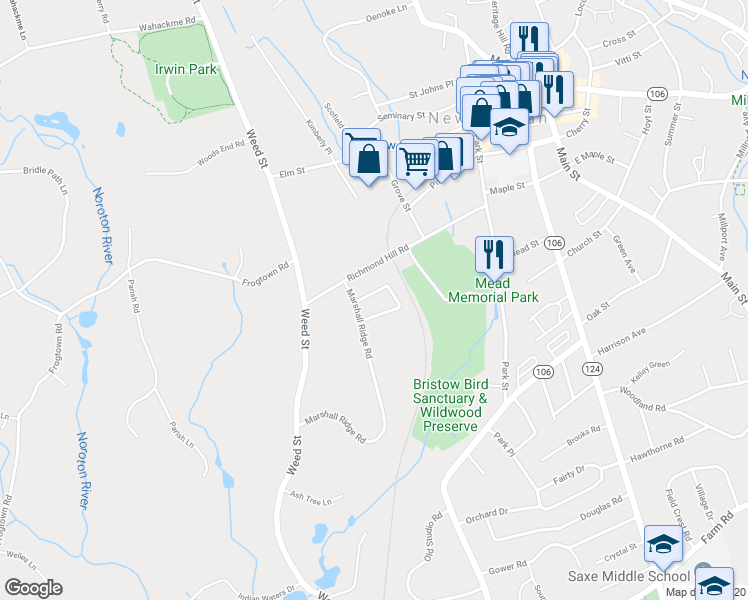 map of restaurants, bars, coffee shops, grocery stores, and more near 15 Sunrise Avenue in New Canaan