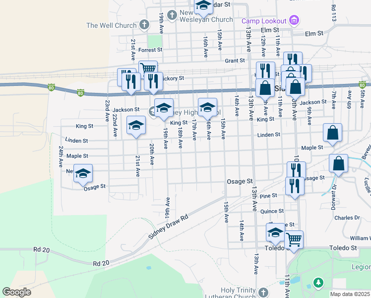map of restaurants, bars, coffee shops, grocery stores, and more near 8554 Road 8 in Sidney