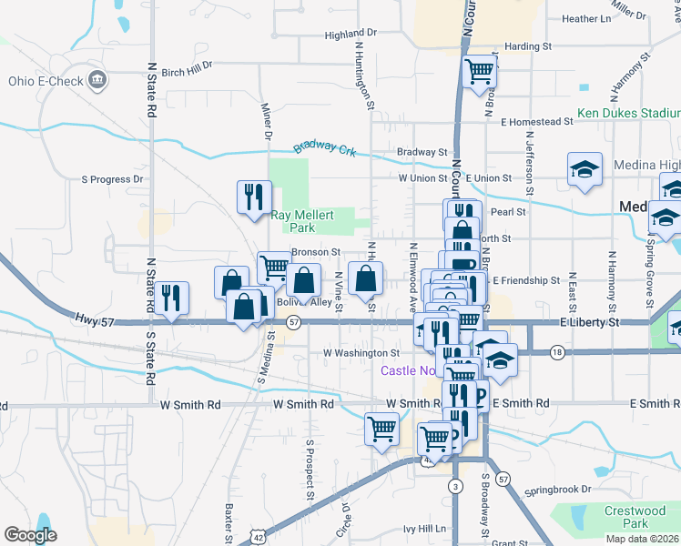 map of restaurants, bars, coffee shops, grocery stores, and more near 345 West Friendship Street in Medina