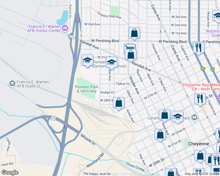 map of restaurants, bars, coffee shops, grocery stores, and more near 2915 Dey Avenue in Cheyenne