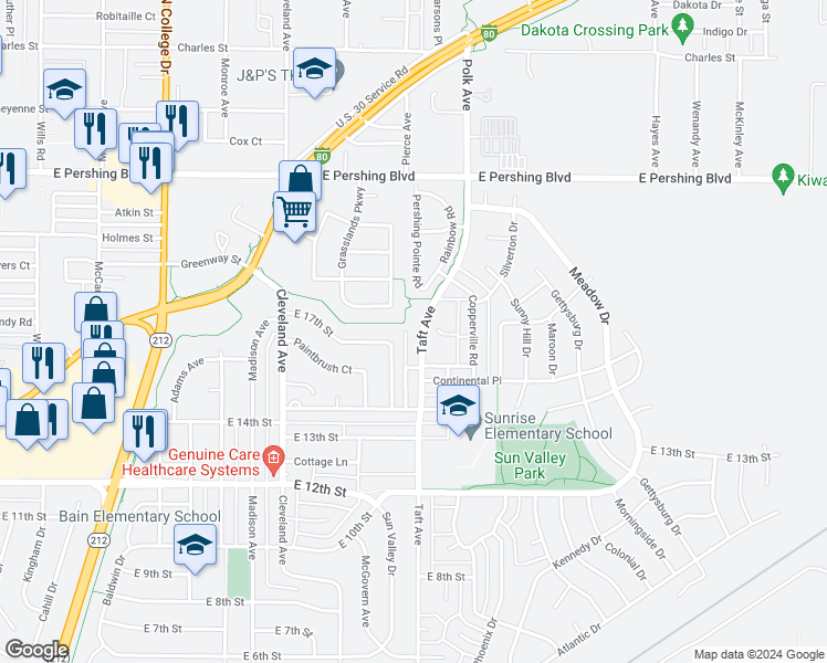 map of restaurants, bars, coffee shops, grocery stores, and more near 1603 Taft Avenue in Cheyenne
