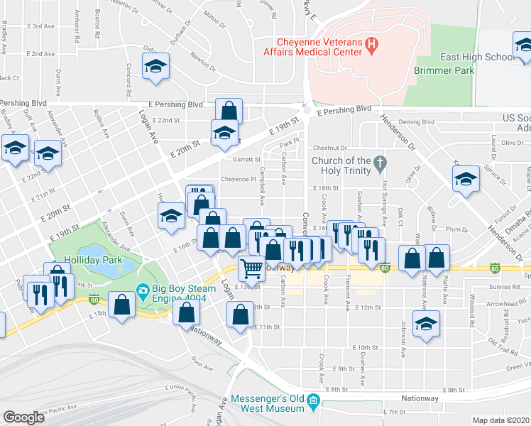 map of restaurants, bars, coffee shops, grocery stores, and more near 1610 Campbell Avenue in Cheyenne