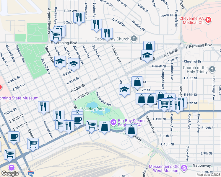 map of restaurants, bars, coffee shops, grocery stores, and more near 1409 East 18th Street in Cheyenne