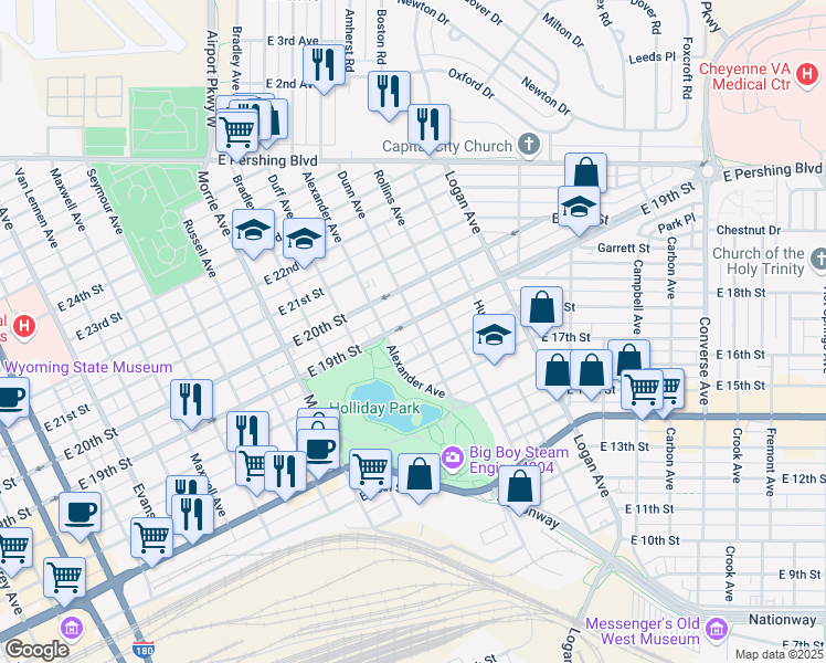 map of restaurants, bars, coffee shops, grocery stores, and more near 1815 Alexander Avenue in Cheyenne