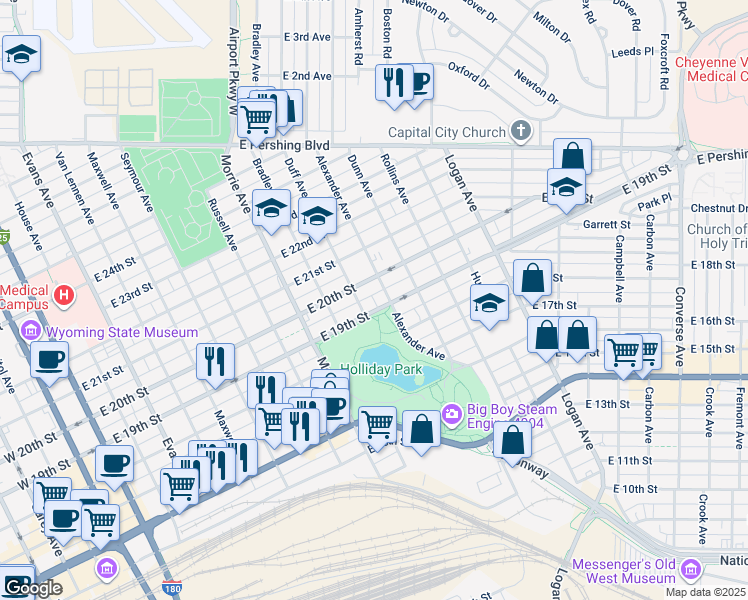map of restaurants, bars, coffee shops, grocery stores, and more near 1200 East 19th Street in Cheyenne