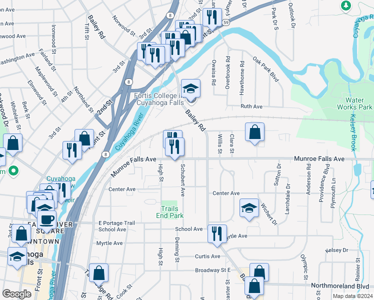 map of restaurants, bars, coffee shops, grocery stores, and more near 781 Munroe Falls Avenue in Cuyahoga Falls