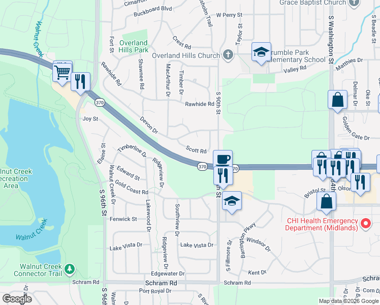 map of restaurants, bars, coffee shops, grocery stores, and more near 1331 Scott Road in Papillion