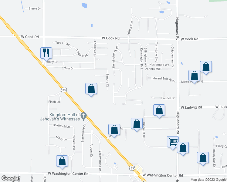 map of restaurants, bars, coffee shops, grocery stores, and more near 6732 Bedford Downs in Fort Wayne