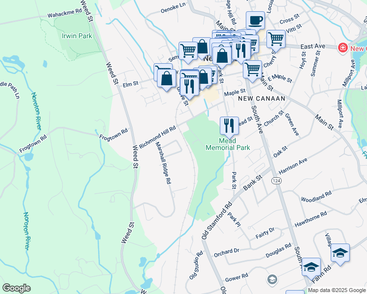 map of restaurants, bars, coffee shops, grocery stores, and more near 52 Sunrise Avenue in New Canaan