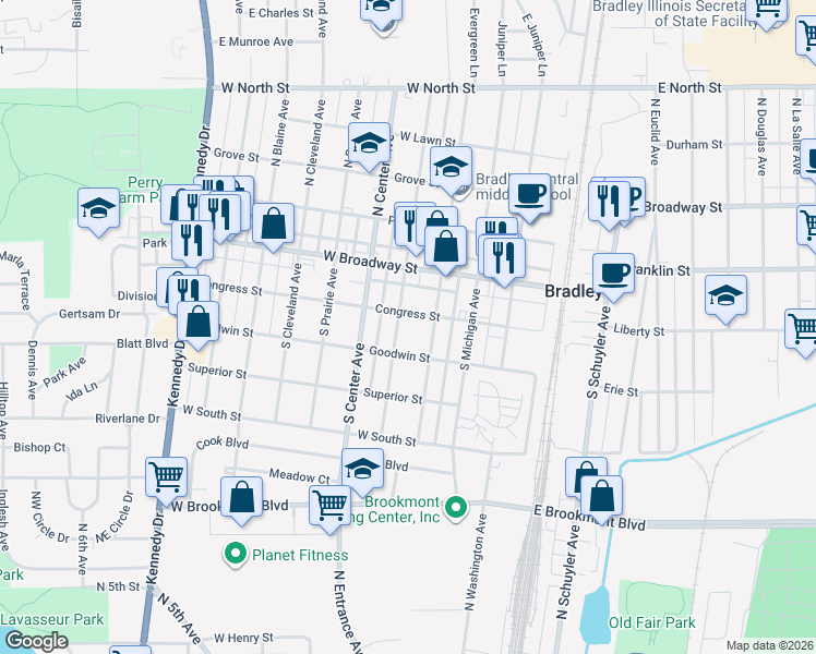 map of restaurants, bars, coffee shops, grocery stores, and more near 236 1/2 South Grand Avenue in Bradley