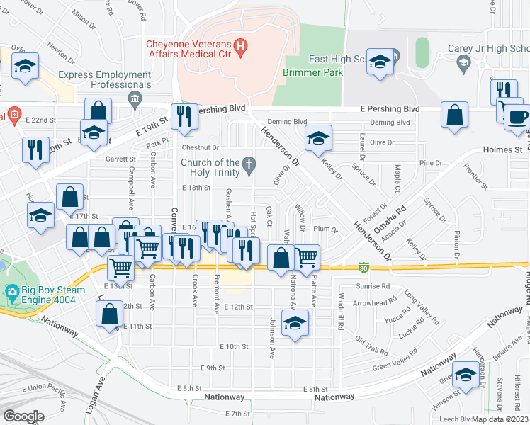 map of restaurants, bars, coffee shops, grocery stores, and more near 1534 Oak Court in Cheyenne