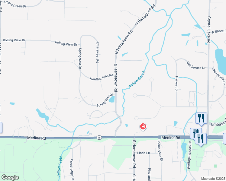 map of restaurants, bars, coffee shops, grocery stores, and more near 188 North Hametown Road in Akron