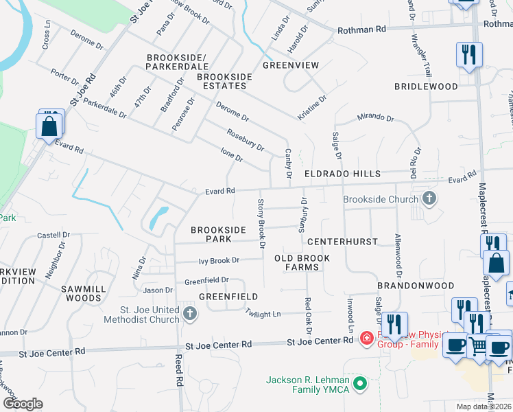 map of restaurants, bars, coffee shops, grocery stores, and more near 6427 Stony Brook Drive in Fort Wayne