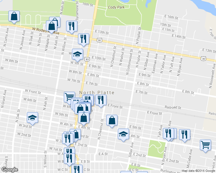map of restaurants, bars, coffee shops, grocery stores, and more near 400 East 7th Street in North Platte