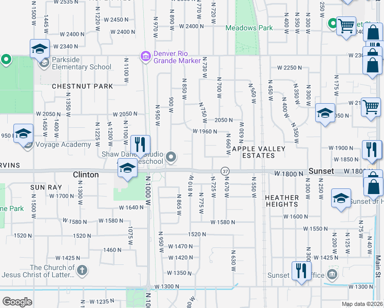 map of restaurants, bars, coffee shops, grocery stores, and more near 528 West 1875 North in Clinton