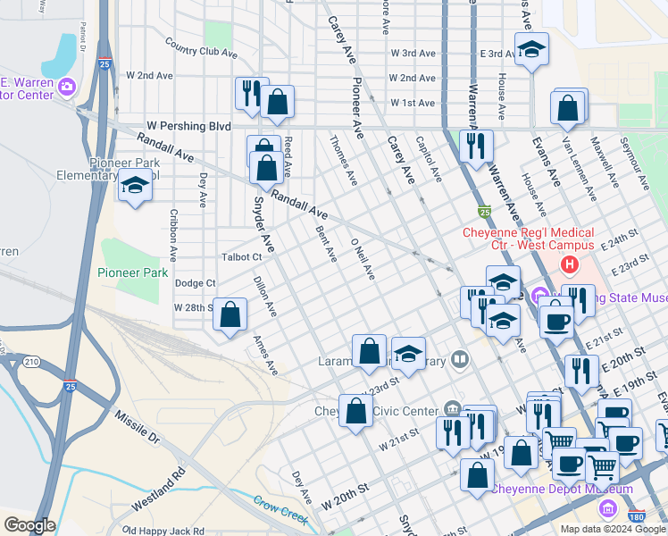 map of restaurants, bars, coffee shops, grocery stores, and more near 701 West 28th Street in Cheyenne